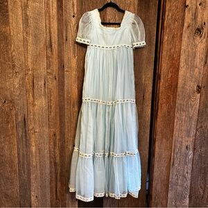 Vintage Pastel Blue Empire Waist Babydoll Maxi Dress Lace XS Rosemary’s Baby